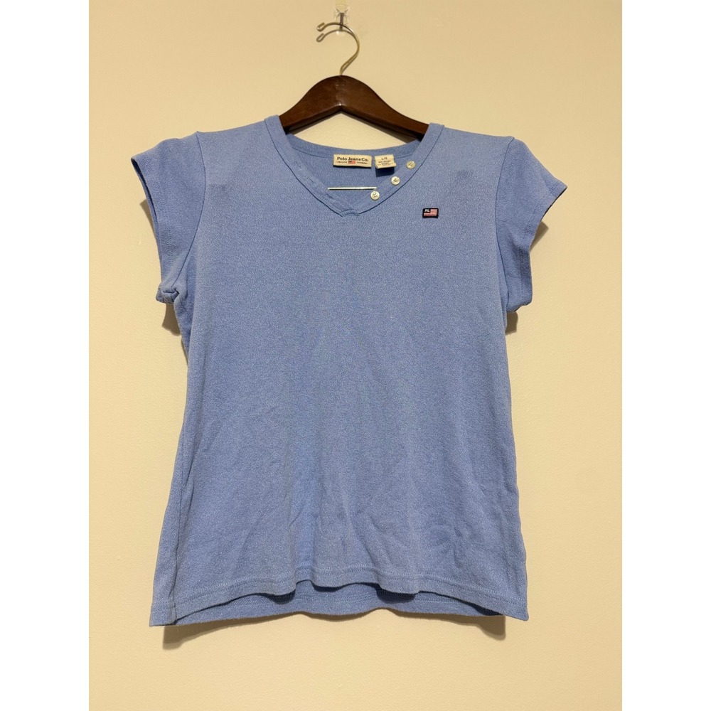 Polo Jeans Co Ralph Lauren Light Blue Metallic Shimmer V-Neck Knit Top Large Y2K